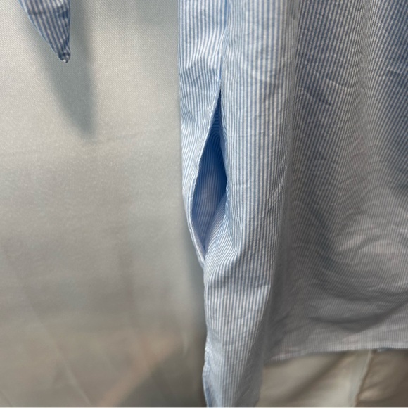 Off-Shoulder Blue Stripe Button Down Tunic Blouse with Red Rose Detail Sz S - Picture 6 of 6